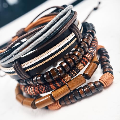 Punk Braided Leather Bracelets for Men Women Gothic Wood Beaded Tribal Wrap Wristband Grunge Emo Multilayer Adjustable Mens Bracelet in Black Brown Fathers Day Gift - color: Brown Feather