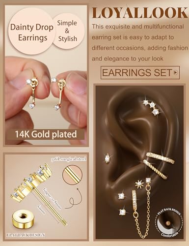 LOYALLOOK Hypoallergenic Flat Back Stud Hoop Earrings for Women, 14K Gold Plated Surgical Steel Earring Stacks Set for Sensitive Ears, Dainty Dangle Chain Silver Cartilage Earring Trendy Piercing Jewelry - color: Gold-cuff