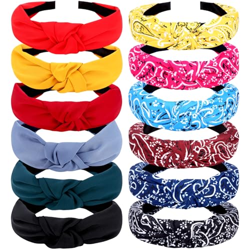 VELSCRUN Bandana Knotted Headbands for Women 12 Pack Gilrs Fashion Head Bands Solid Womens Hair Band Non Slip for Thin Thick Short Hair Face Wash Hair Accessories - color: Headband 50