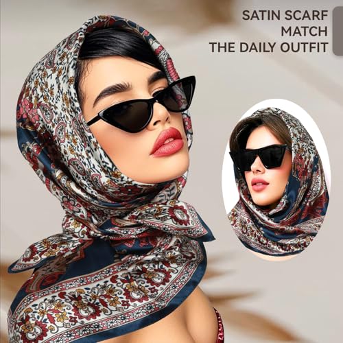 Head Scarf for Women Hair - 2 Pack 35" Square Satin Scarf, Silk Hair Scarf for Women Head Wrap for Sleeping - color: Navy Blue & Red