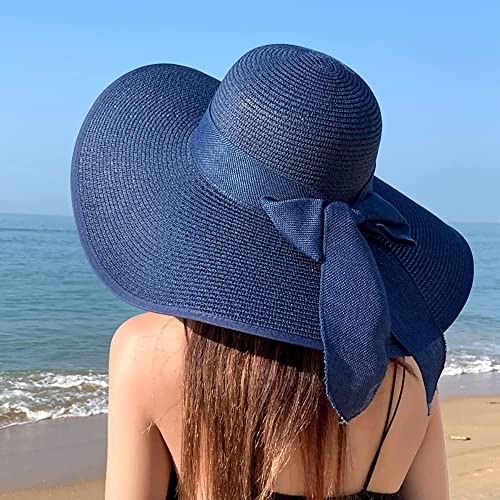 DRESHOW Beach Hats for Women Big Straw Wide Brim Summer Hat Floppy Foldable Roll up Cap Sun Hat UPF 50+ - color: Big Bow / Navy 5.9" Brim, 1 Pack