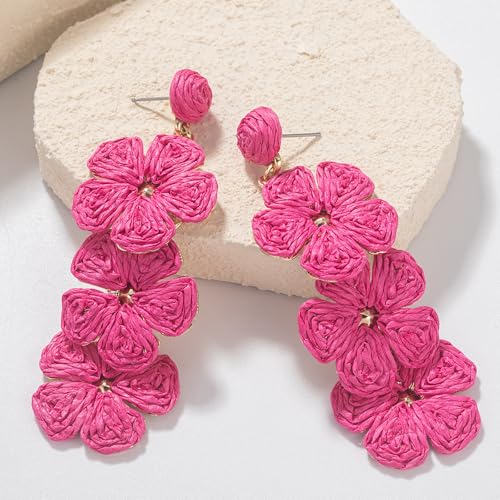 Boho Flower Earrings Statement Raffia Dangle Earrings Cute Floral Jewelry Trendy Summer Beach Vacation Outfits for Women - color: Rose-2
