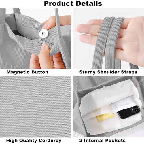 Corduroy Tote Bag for Women Small Canvas Shoulder Purse Cord Handy Bag with Inner Pocket | with Front Pocket - color: 02 Light Gray