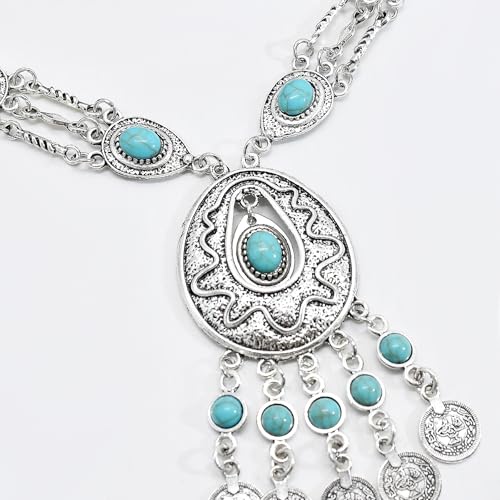 Bethynas Bohemian Ethnic Tribal Chunky Necklace Multilayer Long Tassel Turquoise Statement Neck Chain Retro Coin Gemstone Exaggerated Costume Accessories for Women - color: F-Blue