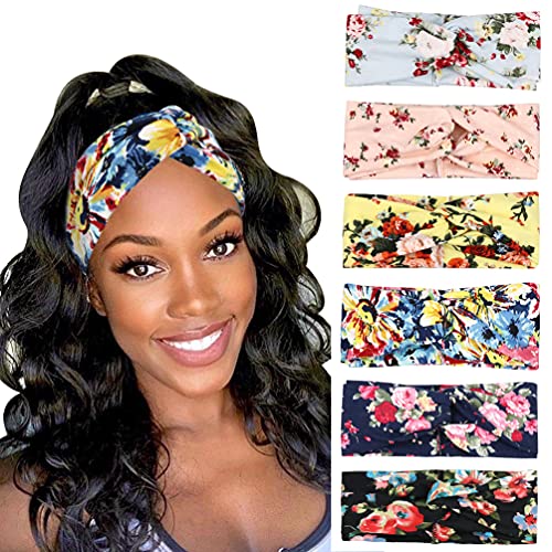 DRESHOW 6 Pack Boho Cotton Non-Slip Headbands for Women Girls Yoga Workout Running Knotted Turban Floral Elastic Head Wrap - color: 6 Pack Cross Flower Printed a