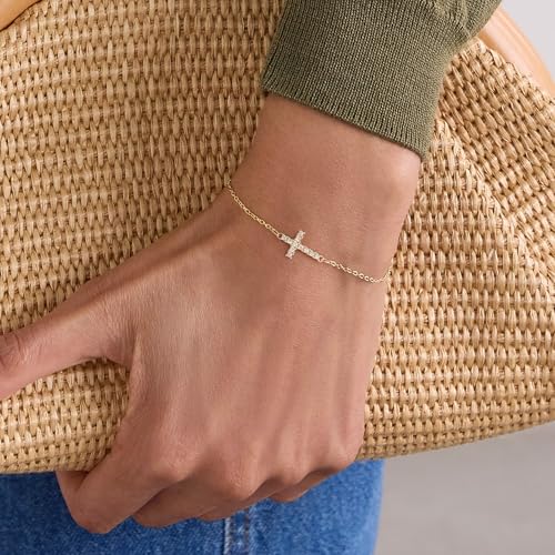 Tewiky Waterproof Gold Bracelets for Women Non Tarnish - Dainty Stack 14K Gold Plated/Sterling Silver Chain Bracelets Set Adjustable Trendy Jewelry for Women - style: gold CZ cross bracelet