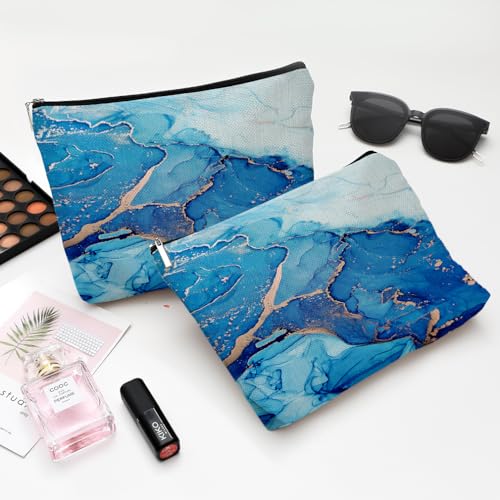 Small Makeup Bag for Purse Cute Canvas Waterproof Cosmetic Bags for Women Zipper Travel Toiletry Pouch-Blue Marble Makeup Bags - color: Blue Marble Makeup Bags