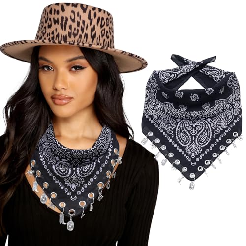 AWAYTR 100% Cotton Bandana for Cowgirl Western Cowboy Costume, 21 Inch Paisley Scarf with Grommet Western Ornaments - color: Black