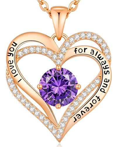 CDE Engraved Forever Love Heart Birthstone Necklace Jewelry Gifts for Women | Hypoallergenic,Nickel-Free & Lead-Free,3 x 3 mm 5A CZ Heart Pendant,Anniversary Christmas Birthday Gift for Girlfriend Wife - color: Birthstone-02-Feb, style: Rose Gold Plated-B