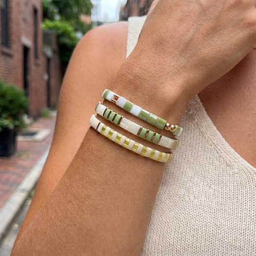 Tila Flat Square Stack Beaded Bracelets Set for Women Men, Boho 3Pcs Romantic Handmade Healing Gold Colorful Stretch Accessories Jewelry, Daily Vacation Party Holiday Friendship Gift - color: Mint Lemon White