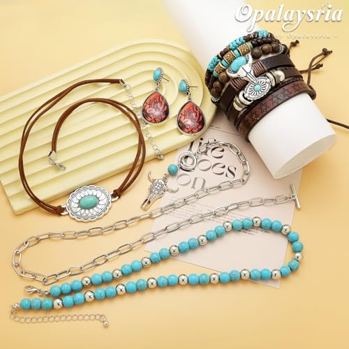 3 Pcs Layered Western Jewelry Set for Women Boho Turquoise Beaded OX-Head Necklaces Western Cactus Cowboy Chic Earrings Rustic Cowgirl Stack Bracelets Country Concert Outfits Accessory - color: Turquoise OX-Head