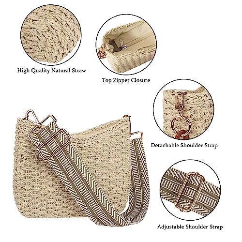 Women Straw Small Crossbody Bag Handmade Woven Shoulder Handbag Summer Beach Purse with Guitar Strap | Straw - color: Beige