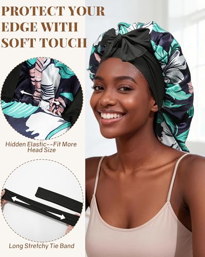 AWAYTR Long Satin Bonnet for Braids - Elastic Silk Hair Bonnets for Sleeping Night Cap Stretchy Tie Band for Women（Flower D） - color: Flower D