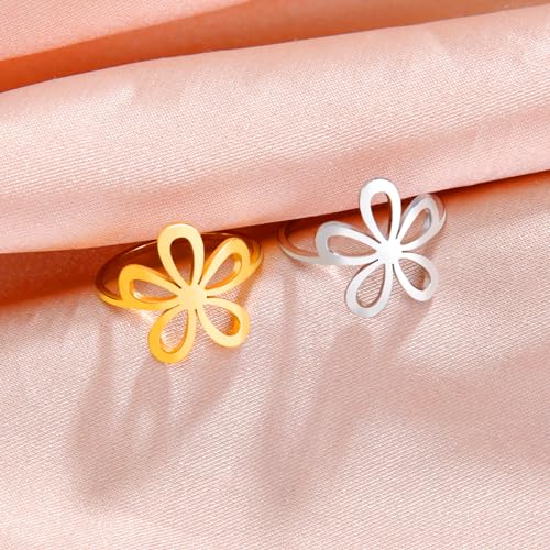 TEAMER Filigree Flower Ring Stainless Steel Elegant Bohemian Finger Ring Wedding Band Ring Exquisite Jewelry for Women - color: Style 2 - Silver