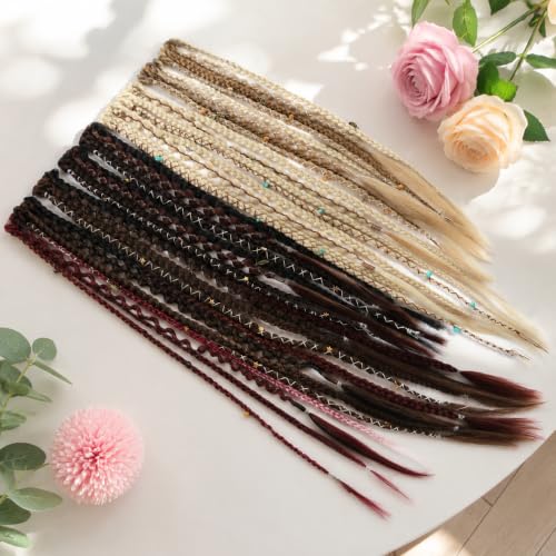 2PCS Boho Dreadlock Clip In Braids with Charms and Beads, Handmade Dreadlock Braids Hair Extensions Synthetic Braided Hairpieces for Women (Light Brown Mix, 16 Inch) - color: Light Brown Mix, size: 16 Inch