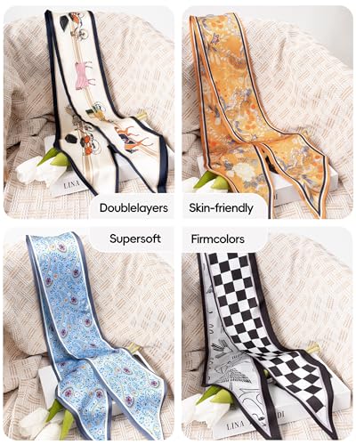 Raylarnia 3 Pack Satin Purse Bag Scarf for Women 59”Long Silky Scarves for Neck,Hair,Head,Handbag,Fashion Gift Set - color: Blue/Off-white (Paisley/Diamond Pattern)