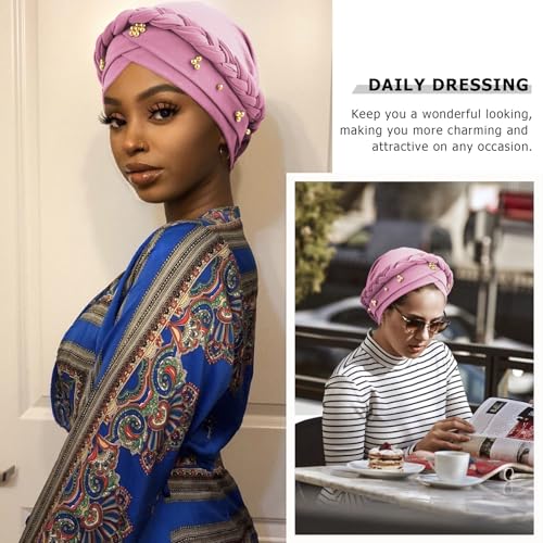 African Women Turban Caps Pre-Tied Twisted Turbans Head Scarf for Women Hair Wraps Cover Beanie Cancer Chemo Headwear - color: 1 Pack Twisted Braid: Gold Bead Pink