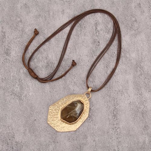 GelConnie Long Necklaces for Women Boho Large Pendant Necklace Casual Bohemian Brown Leather Choker Sweater Circle Statement Stone Necklace - style: Leather Stone Necklace