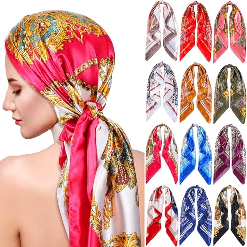 Hicarer 12 Pcs 35 Inch Satin Head Scarf Square Silk Like Neck Scarf Large Hair Scarf Silk Lightweight Hair Wrapping for Women - color: Classic Style