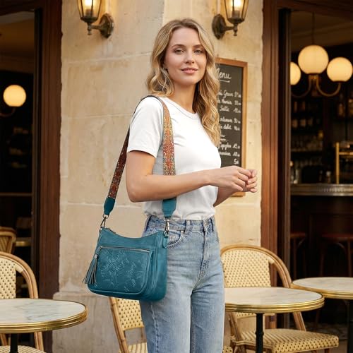 Crossbody Bags for Women, Vegan Leather Medium Crossbody Purse, Spacious Daily Travel Shoulder Bag with Boho Strap - color: Peacock Blue