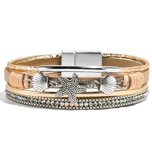 VIBILIA Boho Leather Wrap Bracelets for Women Multi-Layer Bracelets with Strong Clasp Jewelry for Women - color: 04-ShellStarfish-Khaki