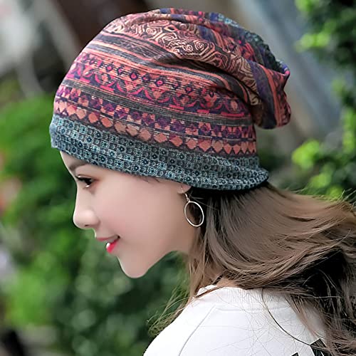 XYIYI Womens Chemo Headwear Hats Cotton Slouchy Beanie Cap Scarf - color: 2pcs Ethnic Green Blue-v