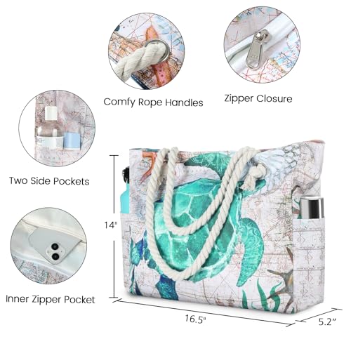 Clothirily Beach Bag for Women - Large Beach Tote Bag, Waterproof Sandproof Beach Bag with Zipper, Large Swim Pool Beach Tote - color: Green Turtle