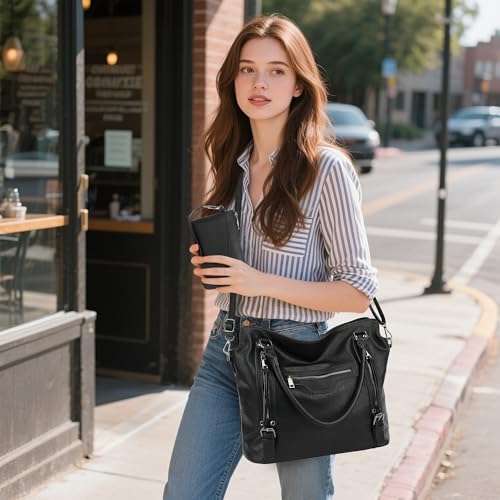 TANTOMI Tote Bag for Women Vegan Leather Purses and Handbags Ladies Waterproof Big Shoulder Bag for Travel - color: Black.e