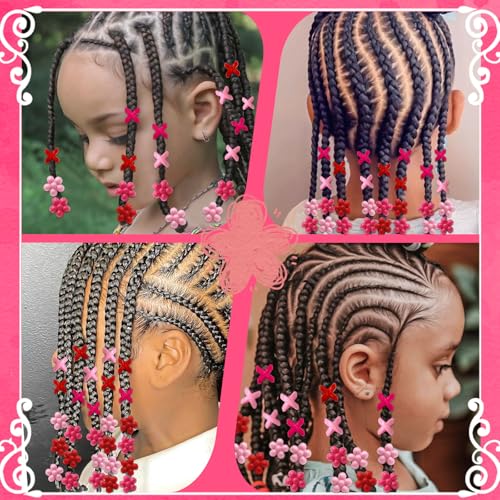 NAISKA 60PCS Pink Hair Beads for Braids Hot Pink Bead Loc Dreadlock Jewelry Multi-style Large Hole Beads Cute Flower Valentine's Day Hair Accessories for Kids Girls - color: Pink & Rose Red & Red