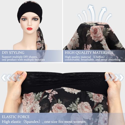 Headwear Turbans for Women - Lightweight Head Scarf for Women's Hair Chiffon Elegant Headwraps Hats - color: Black-peony
