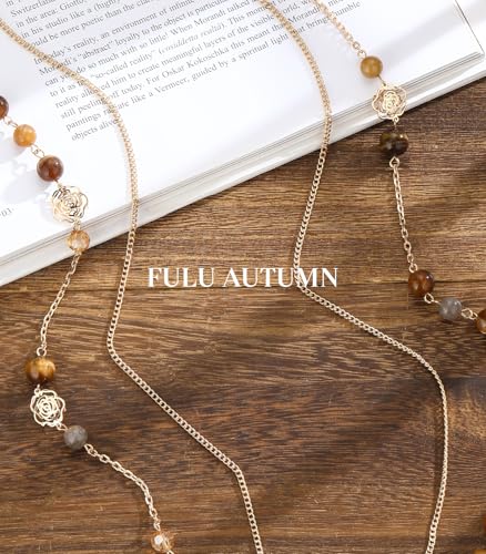 FULU AUTUMN Boho Gold Long Necklaces for Women Natural Stone Beaded Layered Long Necklace Mothers Day Gifts Dainty Flower Costume Jewelry for Women - color: Brown