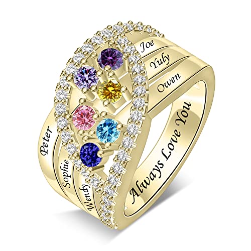 Personalized Name Family Rings Custom 1-6 Birthstones Mother's Rings Sterling Silver Promise Ring for Mother's Day Daughter Grandma Women - color: 6 Stones