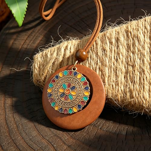 Wooden Leather Necklaces Set Bohemian Wood Stack Discs Long Chain Hemp Rope Bronze Plated Pendant Ethnic Tribal Fall Leaf Earrings Jewelry Statement Necklace - color: R-040