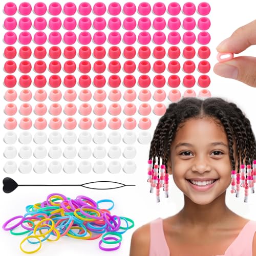160Pcs 10mm Small Silicone Beads for Hair Braids, Soft Jellyish Pony Hair Beads with 5mm Hole + 50 Rubber Bands and 1 Beader for Braiding, DIY Bracelets Necklaces Crafts (Pink) - color: Pink Mix-160Pcs