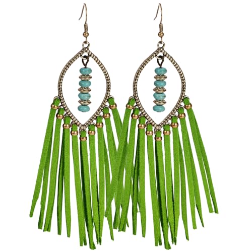 Long Bohemian Fringe Leather Earrrings Handmade Tassel Earrings with Turquoise Christmas Long Dangle Earrings for Women rodeo jewelry - color: Green