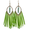 Long Bohemian Fringe Leather Earrrings Handmade Tassel Earrings with Turquoise Christmas Long Dangle Earrings for Women rodeo jewelry - color: Green