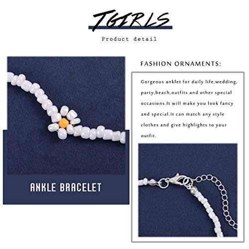 Tgirls Boho Ankle Bracelets for Women Beaded Anklets Chain Beachy Flower Foot Accessories - color: White