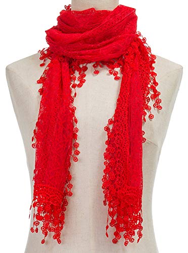 Cindy & Wendy Lightweight Soft Leaf Lace Fringe Scarf Bridal Shawl for Women - color: Red-2