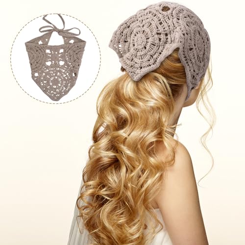 3 Pcs Crochet Bandana, Cute Bandanas for Women, Flowers Crochet Head Scarf, Vintage Head Scarf for Women's hair Styling Decor (Black, Beige, Brown) - color: Black, Beige, Brown-style1