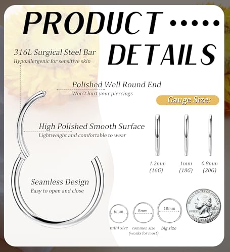3pcs Nose Rings Hoops - 316L Surgical Steel Nose Hoops 16G/18G/20G CZ Opal Turquoise Clicker Septum Nose Ring Lip Helix Cartilage Hoop Earring Daith Rook Conch Body Piercing Jewelry for Women Men 6mm 8mm 10mm - color: Silver, size: 20 gauge(0.8mm)-8mm