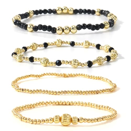 Dainty 14K Gold Lantern Beaded Bracelets Stack for Women,4PCS Colorful Glass Beads Stretch Stackable Bracelets Set Fashion Prom Jewelry Gift Friendship - color: Black