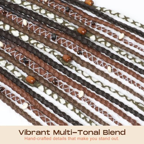 SEIKEA Boho Braided Ponytail Extension on Hair Tie, 16" Full Volume Lightweight Viking Dreadlock Ponytail Braid in Dreadlock Extensions with Beads and Shells, Festival Hair Accessories for Women Girls - color: Dark Brown and Olive Green Mix
