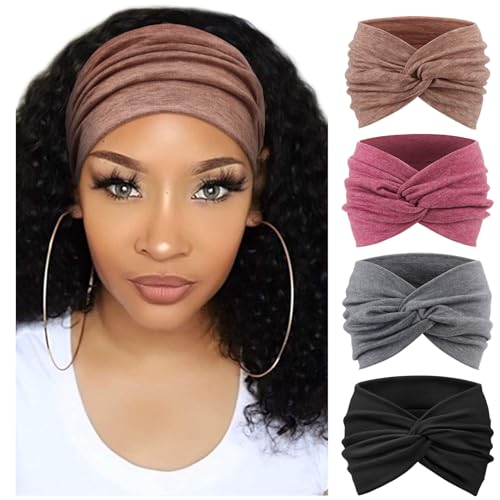 AQOKKA Extra Wide Headbands for Women Large Turban Headband Non Slip Boho Elastic Hairband Hair Twisted Knot Head Bands Accessories - color: 4 Pcs E: Black, Red, Coffee, Grey