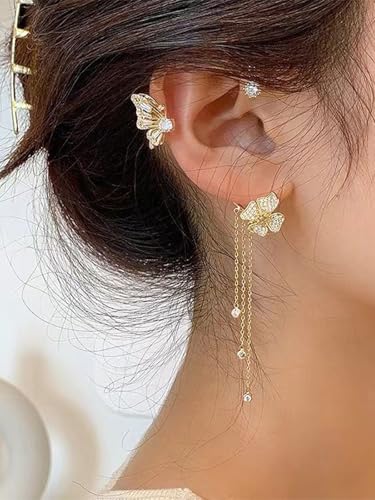 2Pcs Rhinestone Butterfly Earrings Ear Cuffs Non-Pierced Fake Earrings Butterfly Climber Wrap Around Earring Dainty Adjustable Ear Clip Jewelry for Women - color: Style1-gold