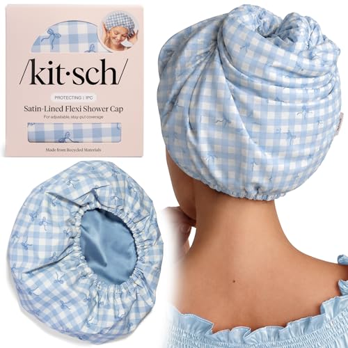 Kitsch Luxury Satin-Lined Flexi Shower Caps for Women Reusable Waterproof - Large Wide Shower Cap for Women & Men, Adjustable, Stylish Hair Cap for Showers, For Long & Short Hair - Gingham Blue - color: Gingham Blue