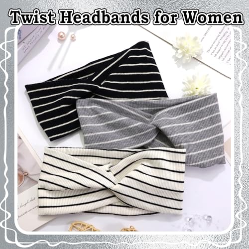 3 Pcs Headbands for Women Striped Cross Twist Hair Bands Stretchy Ribbed Turban Head Bands African Non Slip Workout Hair Warps Accessories - color: Black+White+Grey Stripe