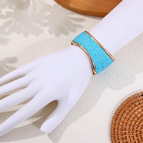 Raffia Colorful Chunky Cuff Bracelet For Women Statement Irregular Wave Vacation Tropical Beachy Spring Summer Wide Open Bangle Handmade Boho Costume Jewelry Accessories - color: Blue