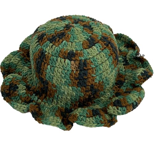 Handmade Crochet Bucket Hat for Women Boho Chic Slouchy Design Colorblock Ruffled Brim Festival&Daily Crochet Hat - color: Camouflage Color