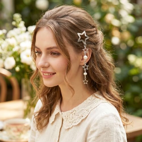 Pndeyo 2pcs Star Tassels Hair Clips for Women, Non-Slip 2000s Y2K Hair Snap Barrettes with White Bead, Cute Star Beaded Pendant Hair Pin Accessories for Braid Long Short Thin Thick Hair- Silver - color: Silver-2pcs-B Style