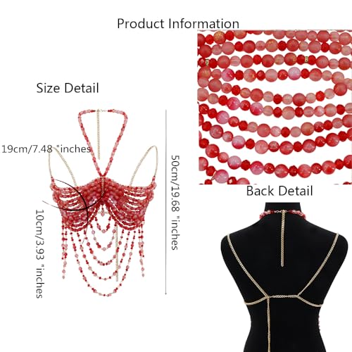 Handmade Beads Body Chain, Mermaid Top Rave Outfit Body Jewelry, Mermaid Costume, Beaded Bra Bralette Bead Waist Body Jewelry for Women for Boho Festival Clubbing - color: red